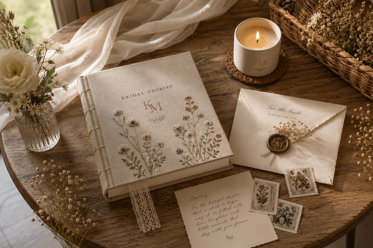 A sunlit wooden table with an embroidered bridal journal, a candle, and a wax-sealed envelope for the bride, softly lit beside dried flowers